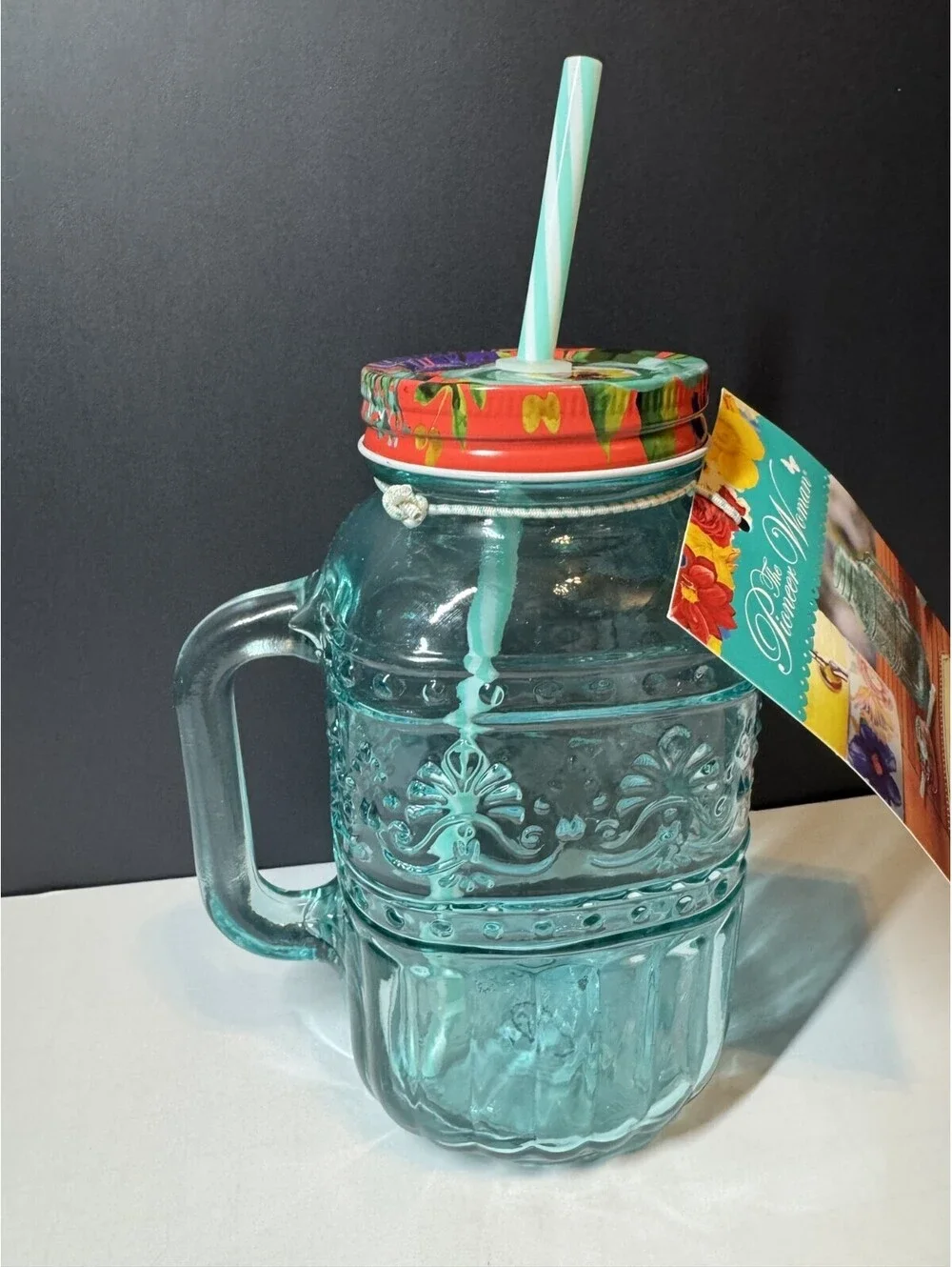 Pioneer Woman Teal Mason Jar Drinking Glass W/Lid & Straw 32 OZ NWT Cassie